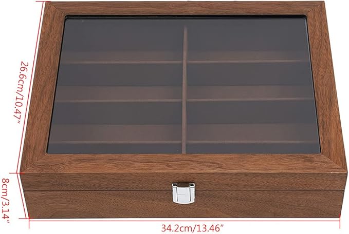 DouSeiAi Wooden Sunglasses Storage Box, 8 Grids Glasses Organizer, Sunglasses Display Holder with Lock Eyewear Showcase Organizer Walnut