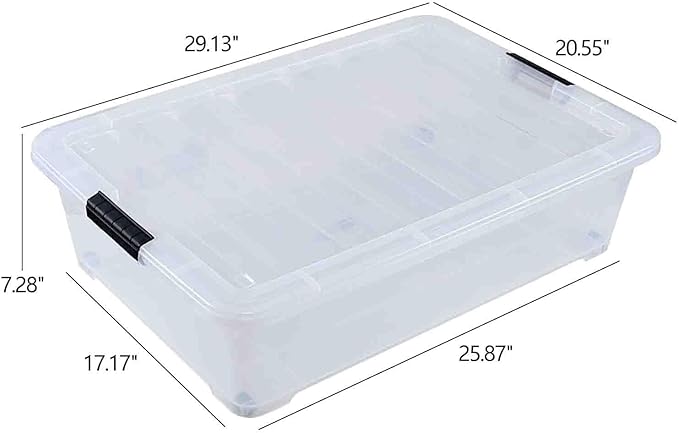 Bringer Set of 3 Large Under Bed Plastic Storage Bins with Lids, 50 L Clear Plastic Latch Storage Box with Wheels
