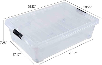 Bringer Set of 3 Large Under Bed Plastic Storage Bins with Lids, 50 L Clear Plastic Latch Storage Box with Wheels