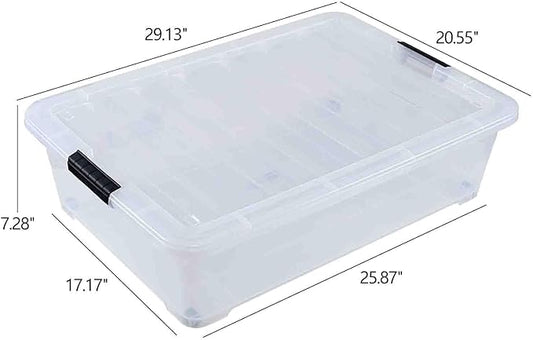 Bringer Set of 3 Large Under Bed Plastic Storage Bins with Lids, 50 L Clear Plastic Latch Storage Box with Wheels
