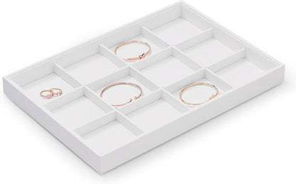 Premium White PU Leather Jewelry Organizer Tray - 12 Grids Display Tray for Earrings, Rings, Bracelets, Necklaces - Dresser & Countertop Storage (35x24cm) - Elegant Jewelry Display for Retail