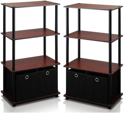 Furinno GO GREEN Storage Shelf Set of 2, 4-Tier Storage Rack with Bins, Book Shelf, Display Rack, with Storage Bins, for Organization and Storage, Living Room, Home Office, Dark Cherry