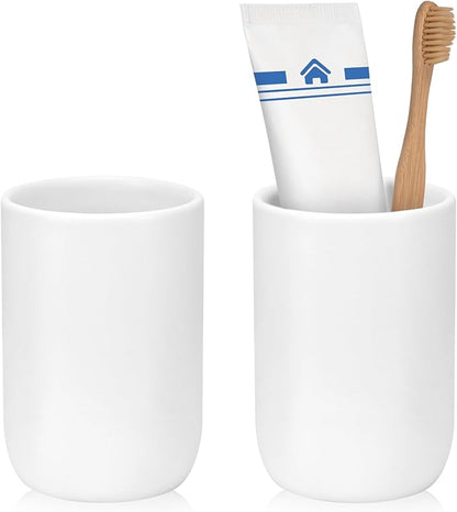 UHEY HOME Bathroom Tumbler Cup Ceramic 2Pcs 12.6oz Reusable Toothbrush Cup 375ml,Toothbrush Holder for Your Bathroom (White)