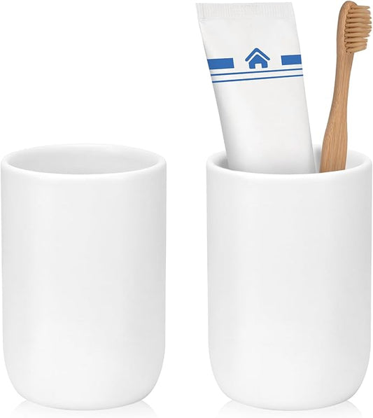 UHEY HOME Bathroom Tumbler Cup Ceramic 2Pcs 12.6oz Reusable Toothbrush Cup 375ml,Toothbrush Holder for Your Bathroom (White)