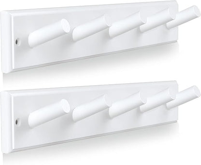Wooden Coat Rack 2Pcs, 16'' Hole to Hole Wooden Wall-Mounted Coat Hooks, 5 Pegs Bamboo Wall Hooks for Hanging Towels, Hats, Robes, Clothes, Keys, White