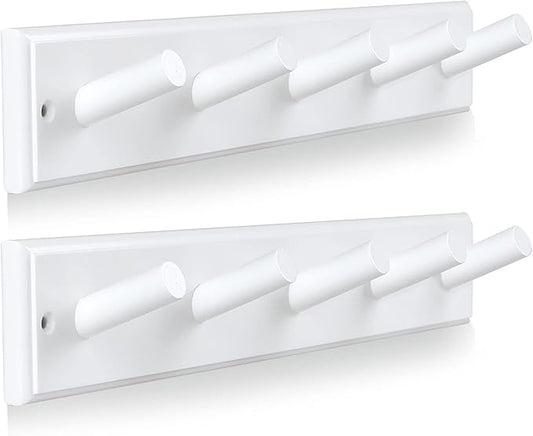 Wooden Coat Rack 2Pcs, 16'' Hole to Hole Wooden Wall-Mounted Coat Hooks, 5 Pegs Bamboo Wall Hooks for Hanging Towels, Hats, Robes, Clothes, Keys, White