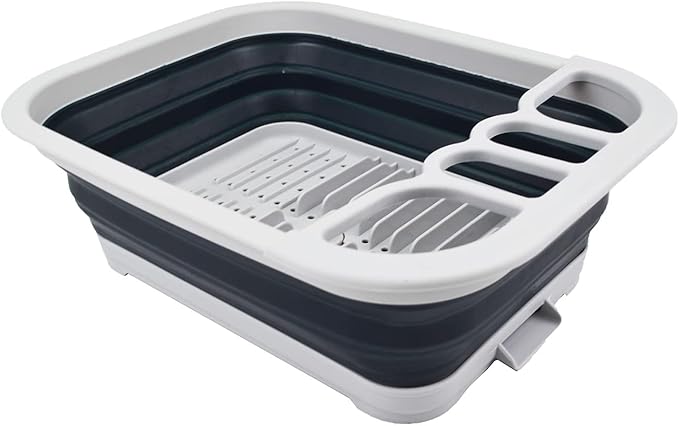 SAMMART 7.3L (1.9 Gallon) Collapsible Plastic Dish Drainer with Drainer Board - Foldable Drying Rack Set - Portable Dinnerware Organizer - Space Saving (Grey/Slate Grey)