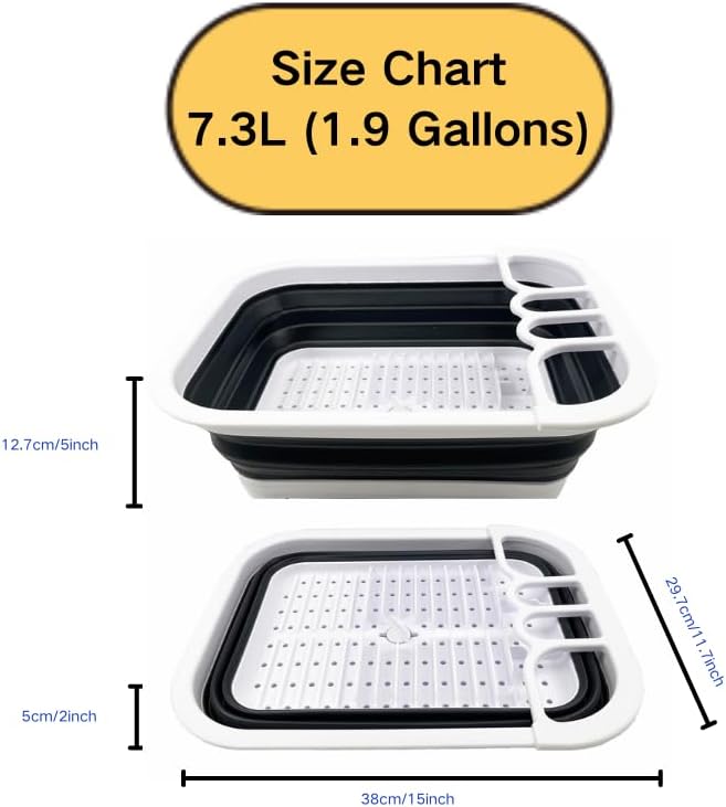 SAMMART 7.3L (1.9 Gallon) Collapsible Plastic Dish Drainer with Drainer Board-Foldable Drying Rack Set - Portable Dinnerware Organizer-Space Saving (White/Charcoal Black)