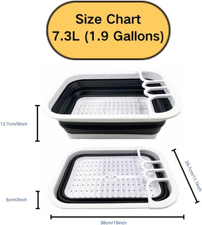 SAMMART 7.3L (1.9 Gallon) Collapsible Plastic Dish Drainer with Drainer Board-Foldable Drying Rack Set - Portable Dinnerware Organizer-Space Saving (White/Charcoal Black)