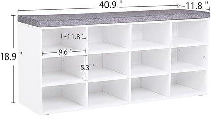 DINZI LVJ Shoe Storage Bench with Cushion, Cubby Shoe Rack with 12 Cubbies, Adjustable Shelves, Multifunctional Shoe Organizer Bench for Entryway, Mudroom, Hallway, Closet and Garage, White