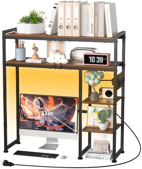 Aetheris Desktop Organizer Shelf, 30" Wooden Office Storage Rack with Outlets, Display Shelf Rack with Light Strip, 5 Tier Desktop Display Rac, Desk Shelf, Desk Hutch for Computer Monitor, Brown