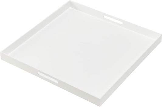 Oversize Extra Large King Size Bed Tray for eating Big Glossy White Acrylic Serving Tray with Handles 24x24 Inch -Spill Proof- Decorative Countertop Organizer for Ottoman,Bed,Party, Butler Tray