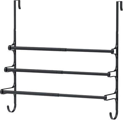 CANYAVE Over The Door Towel Rack, Extendable Triple Towel Storage Holder with Hooks, 24.02 Inches Towel Bar Hanger Towel Racks for Bathroom (Black)