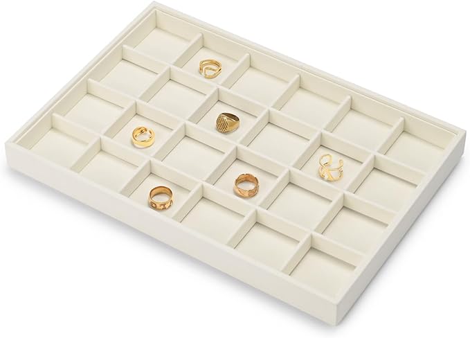 24 Grids Microfiber Jewelry Trays Ring Earrings Organizer Tray Stackable Jewelry Drawer Organizer(Beige)