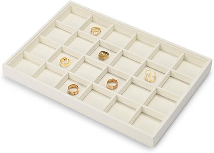 24 Grids Microfiber Jewelry Trays Ring Earrings Organizer Tray Stackable Jewelry Drawer Organizer(Beige)