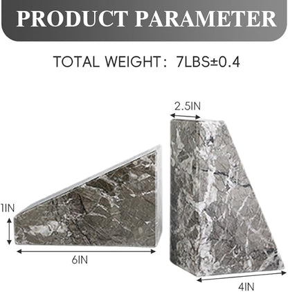 Koville Marble Bookends for Shelves, Large Bookends for Heavy Books, Natural Stone Book Stopper for Books CD Movies, Aesthetic Decorative Book Ends, Bookshelf Table Home Decor(Grey)