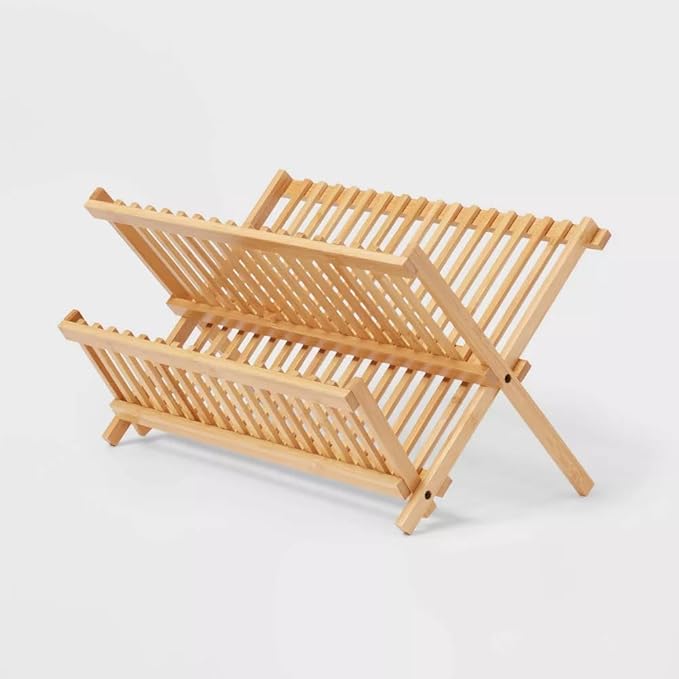 Bamboo Dish Drying Rack for Kitchen Counter, 2-Tier Collapsible Foldable Dish Drainer, Space-Saving Wooden Organizer for Dishes, Plates, Cups, Housewarming Gift