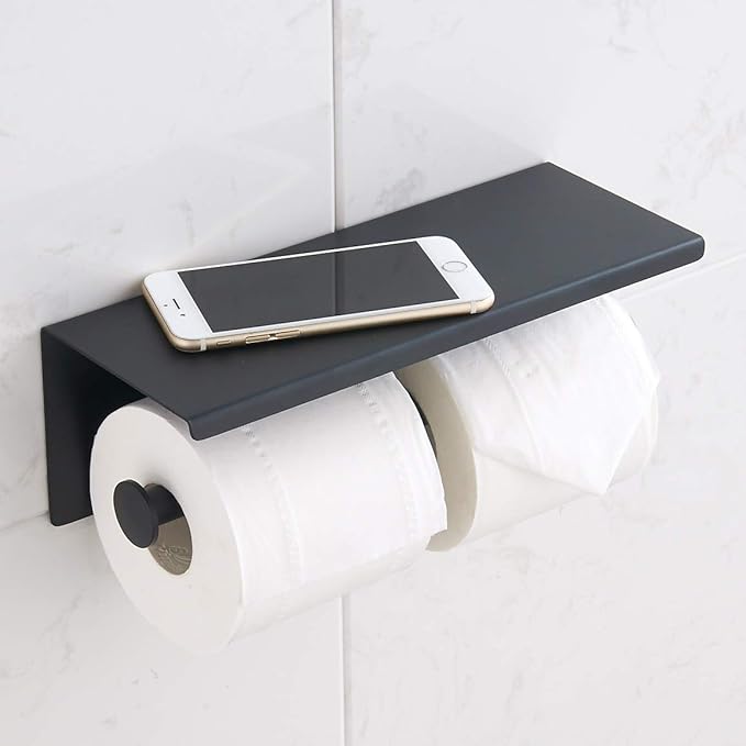 BGL 304 Stainless Steel Double Toilet Paper Holder Wall Mounted Matte Black Two Heads Roll Tissue Paper Holder with Shelf (Black)