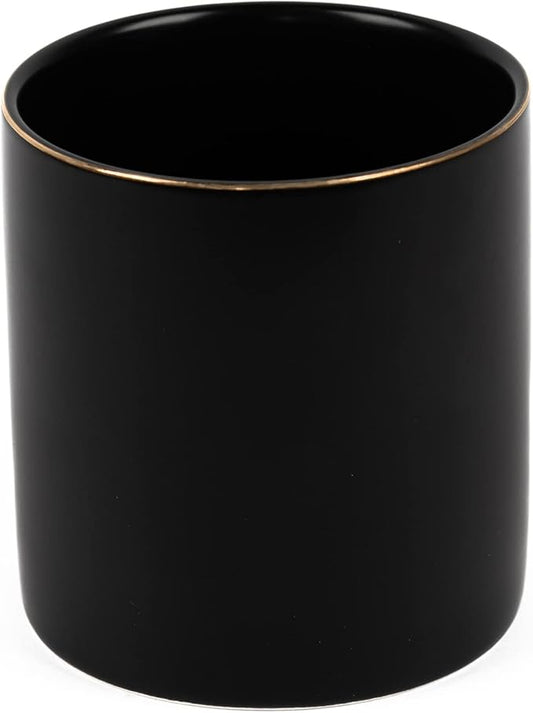 HANKOR Ceramic Pencil Holder for Desk - Cute Gold Trim Pen Aesthetic Makeup Brush Cup Holder Organizer for Desktop Storage Stationery Office Home Supplies, Black