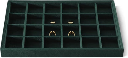 Velvet Stackable Jewelry Display Tray, 24 Grid Earring Ring Storage Tray, Drawer Divider Jewelry Accessories Organizer Plate (Green)