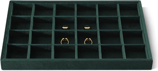 Velvet Stackable Jewelry Display Tray, 24 Grid Earring Ring Storage Tray, Drawer Divider Jewelry Accessories Organizer Plate (Green)