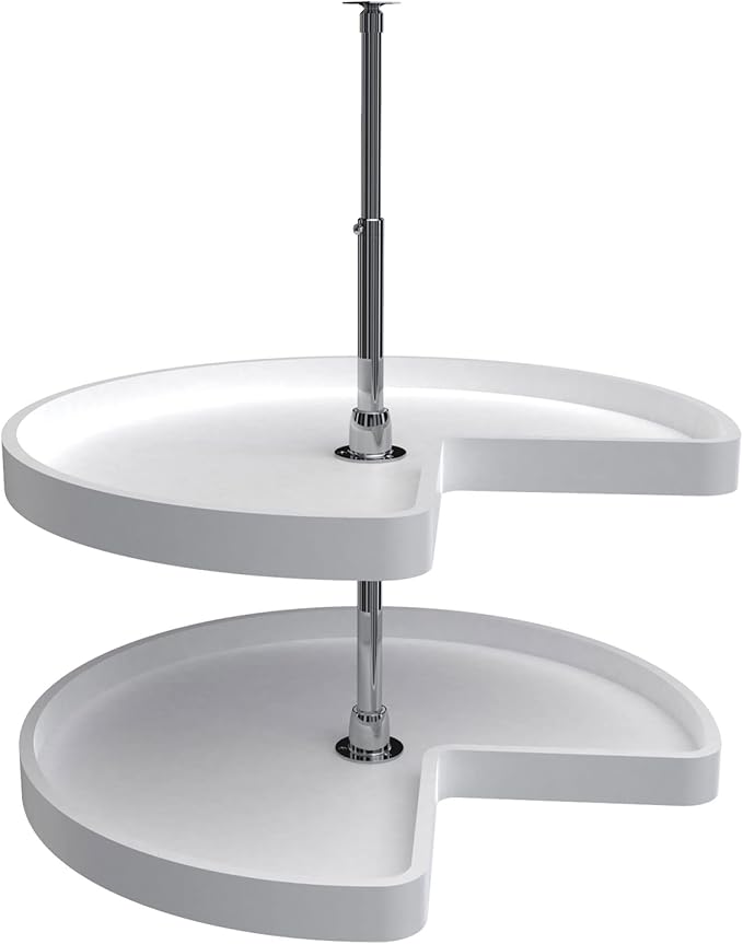 Rev-A-Shelf 28" Kidney Shaped Dual Tier Lazy Susan Shelf Organizer for Corner Base Kitchen Cabinets, Plastic Home Storage, White, 6472-28-11-52
