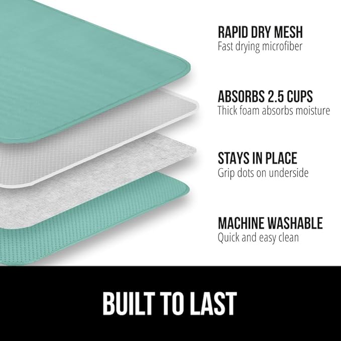 GORILLA GRIP Ultra Water Absorbent Microfiber Dish Drying Mat, 18x24, Quick Dry Thick Mesh, Slip Resistant Pad for Sink Dishes or Under Rack, Kitchen Counter Accessories, Machine Wash, 2 Pack Mint