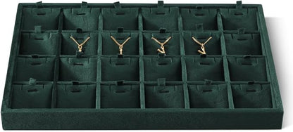 Velvet Necklace Display Tray, Stackable 24 Grid Insert Pendant Necklaces Storage Holder Plate, Jewelry Retail Countertop Organizer (Green)