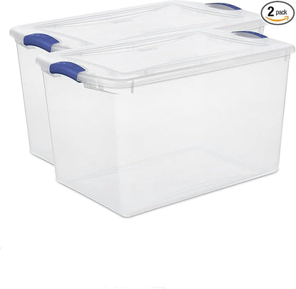 2-Pack 66 Quart Clear Plastic Storage Bins with Latching Lids, Blue Stackable Organizing Totes for Garage, Closet, and Home Organization