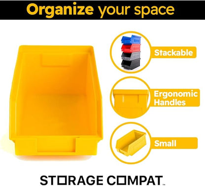 50 Pack Small Storage Bin, Wall Mount Storage, Hanging and Stacking Bin, Freestanding | 7” x 4” x 3” Plastic Container | Yellow | Zeus 1PLZ05 | StorageCompat.