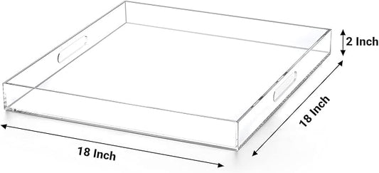 Clear extra large Ottoman Tray with Handles 18"x18"x2" Spill proof Acrylic Serving Tray Organizer Tray Decorative safe edge tray For Living Room Entryway Bedroom Kitchen Coffee Table coutertop