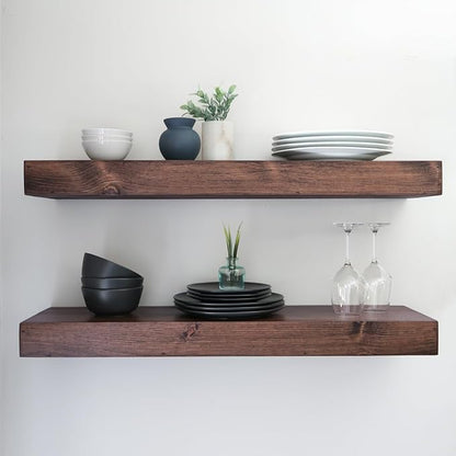Urbandi Modern Floating Shelves 3 Inches Thick for Wall, Wide Shelves for Kitchen, Living Room, Bedroom, and Bathroom, Natural Pine Wood, Rustic Wooden Shelf, (Set of 2) (Provincial, 60Lx3Hx6D)