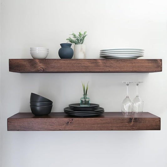 Urbandi Modern Floating Shelves 3 Inches Thick for Wall, Wide Shelves for Kitchen, Living Room, Bedroom, and Bathroom, Natural Pine Wood, Rustic Wooden Shelf, (Set of 2) (Provincial, 48Lx3Hx6D)