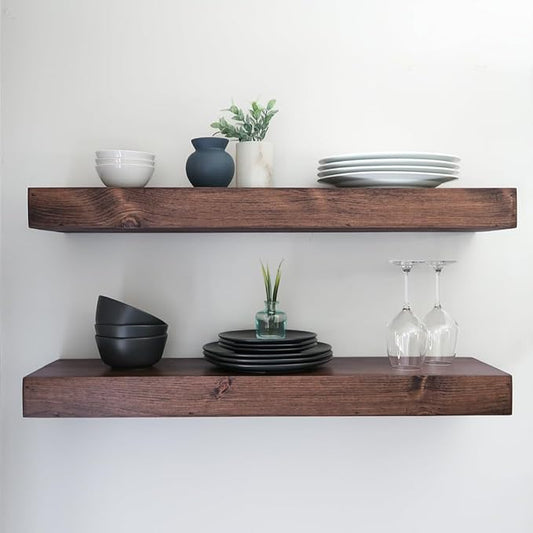 Urbandi Modern Floating Shelves 3 Inches Thick for Wall, Wide Shelves for Kitchen, Living Room, Bedroom, and Bathroom, Natural Pine Wood, Rustic Wooden Shelf, (Set of 2) (Provincial, 24Lx3Hx6D)