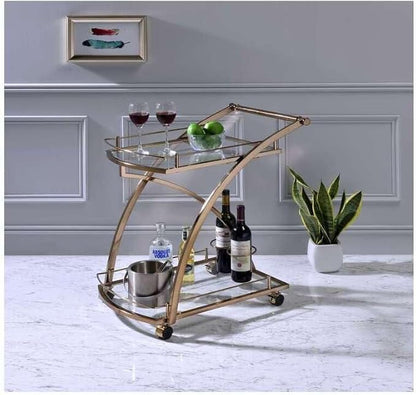 Gold Serving Cart with Wheels and Built in Wine Holders Contemporary Bar and Entertaining Table for Home Use 27" x 18" x 29"