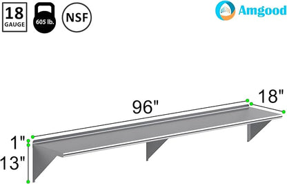 AmGood 96" Long X 18" Deep Stainless Steel Wall Shelf | NSF Certified | Appliance & Equipment Metal Shelving | Kitchen, Restaurant, Garage, Laundry, Utility Room