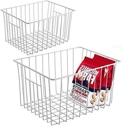 Slideep Freezer Baskets Storage Basket Organizers, Deep Wire Farmhouse Bins Container with Handles for Kitchen, Pantry, Cabinet, Car, Bathroom Pearl White, 4 Pack