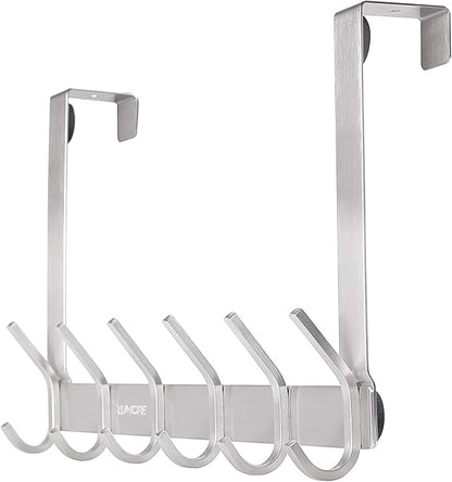 YUMORE Over The Door Hooks, SUS304 Stainless Steel Heavy Duty Door Hanger for Coats Robes Hats Clothes Towels, Hanging Towel Rack Organizer, Easy Install Space Saving Bathroom Hooks, Brushed Finish