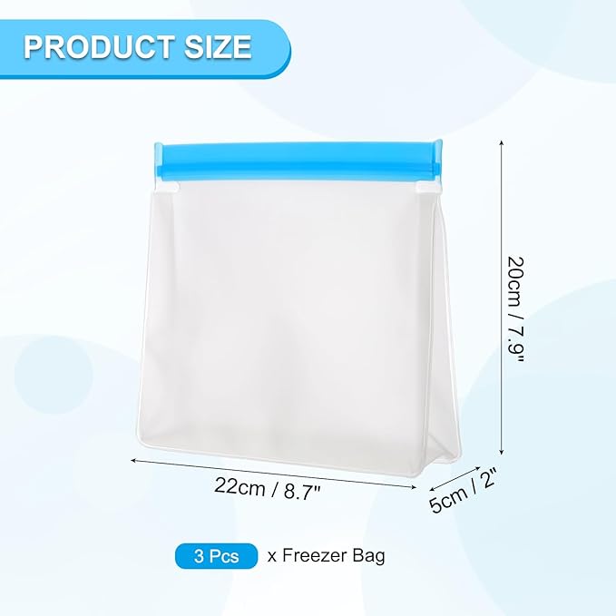 PATIKIL 8.7"x2"x7.9" Reusable Freezer Bag, 3 Pcs Leakproof Zip Food Storage Stand Up Bags Fridge Snack Vegetable Fruit Ice Container for Long-Lasting Freshness, Blue
