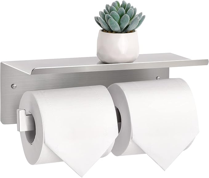 Double Toilet Paper Holder with Shelf,Idealmax Toilet Paper Holder Brushed Nickel,Large Commercial Toilet Paper Dispenser Phone Shelf, Wall Mounted Tissue Roll for Bathroom, Stainless Steel