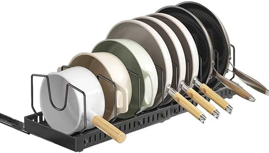 Mnftive pots and pans organizer under cabinet,pot lid organizers inside cabinet holders for kitchen,Horizontal and vertical pulling modes,Can be extended and adjusted (Black horizontal pull-out)