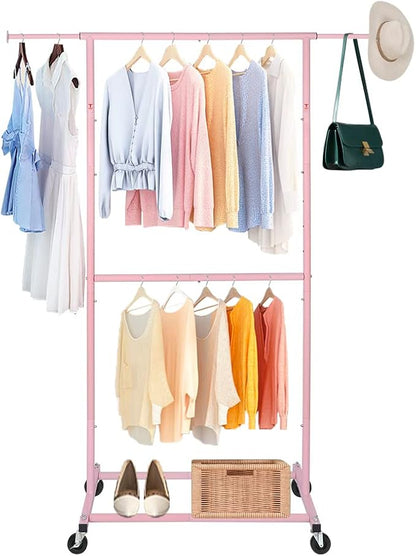 Pink Simple Standard Double Rod Rolling Clothing Garment Rack for Hanging Clothes, Metal Clothes Organizer with Lockable Wheels Mobile for Women, Girls and Kids, Portable Freestanding