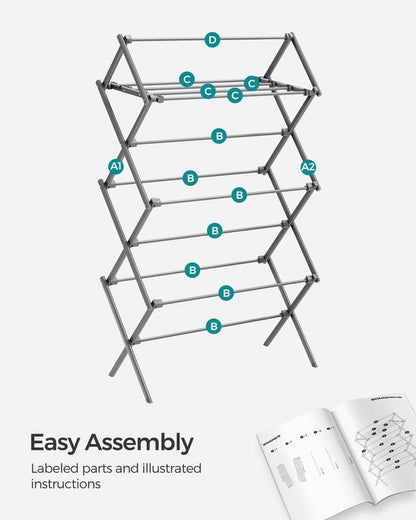 SONGMICS Foldable Clothes Drying Rack, Laundry Drying Rack, Clothes Airer, Steel Frame, 14.6 x 29.5 x 53.2 Inches, Easy Assembly, Indoor Outdoor Use, Gray ULLR770G01