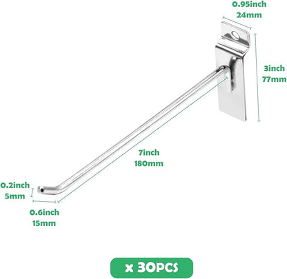 30Pcs 8 Inch Silver Slatwall Panel Hooks, Heavy Duty Slat Wall Hanging Display Hooks Pegboard Metal Hanger Hook for Gridwall Garage Shop Retail