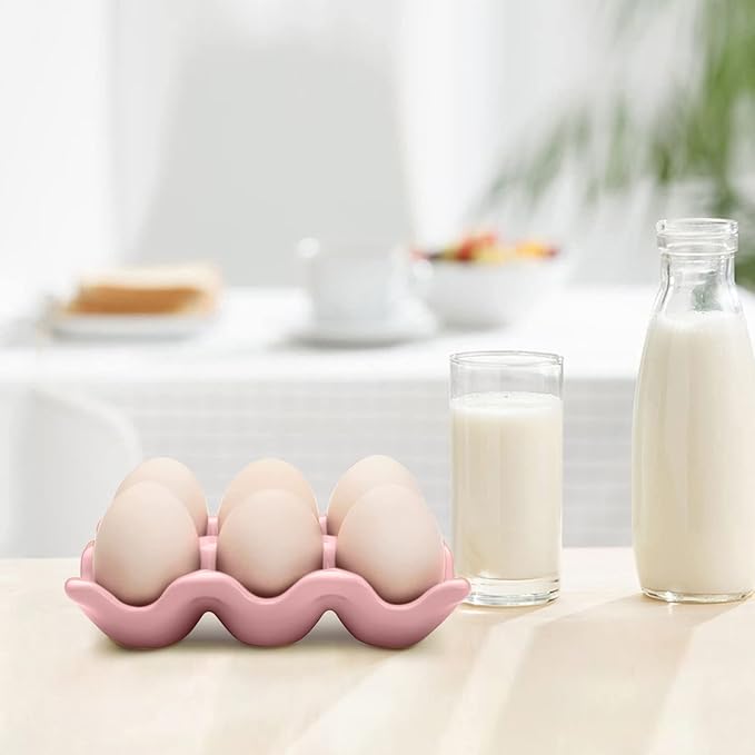 Flexzion Ceramic Egg Holder for Fridge - 6 Cups Egg Tray Half Dozen Porcelain Container Keeper Storage Organizer Decorative Serving Dish Serveware for Refrigerator Countertop Display Kitchen (Pink)