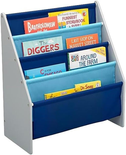 Delta Children Sling Book Rack Bookshelf for Kids - Easy-to-Reach Storage for Books, Magazines or Coloring Books - Ideal for Playrooms & Homeschooling, Grey/Blue
