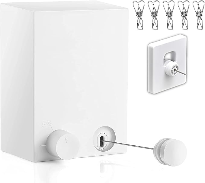 Retractable Clothesline Clothes Line Retracting Outdoor/Indoor, Heavy Duty Stainless Steel Adjustable Drying Rope Wire Dryer with ABS case+Aluminum, Self Adhesive Wall Mount 13.8 Feets White