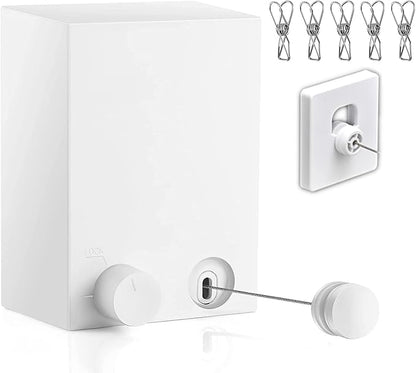 Retractable Clothesline Clothes Line Retracting Outdoor/Indoor, Heavy Duty Stainless Steel Adjustable Drying Rope Wire Dryer with ABS case+Aluminum, Self Adhesive Wall Mount 13.8 Feets White