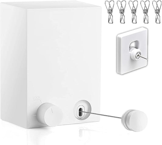Retractable Clothesline Clothes Line Retracting Outdoor/Indoor, Heavy Duty Stainless Steel Adjustable Drying Rope Wire Dryer with ABS case+Aluminum, Self Adhesive Wall Mount 13.8 Feets White