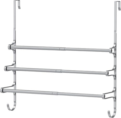 CANYAVE Over The Door Towel Rack, Extendable Triple Towel Storage Holder with Hooks, 24.02 Inches Towel Bar Hanger Towel Racks for Bathroom (Silver)